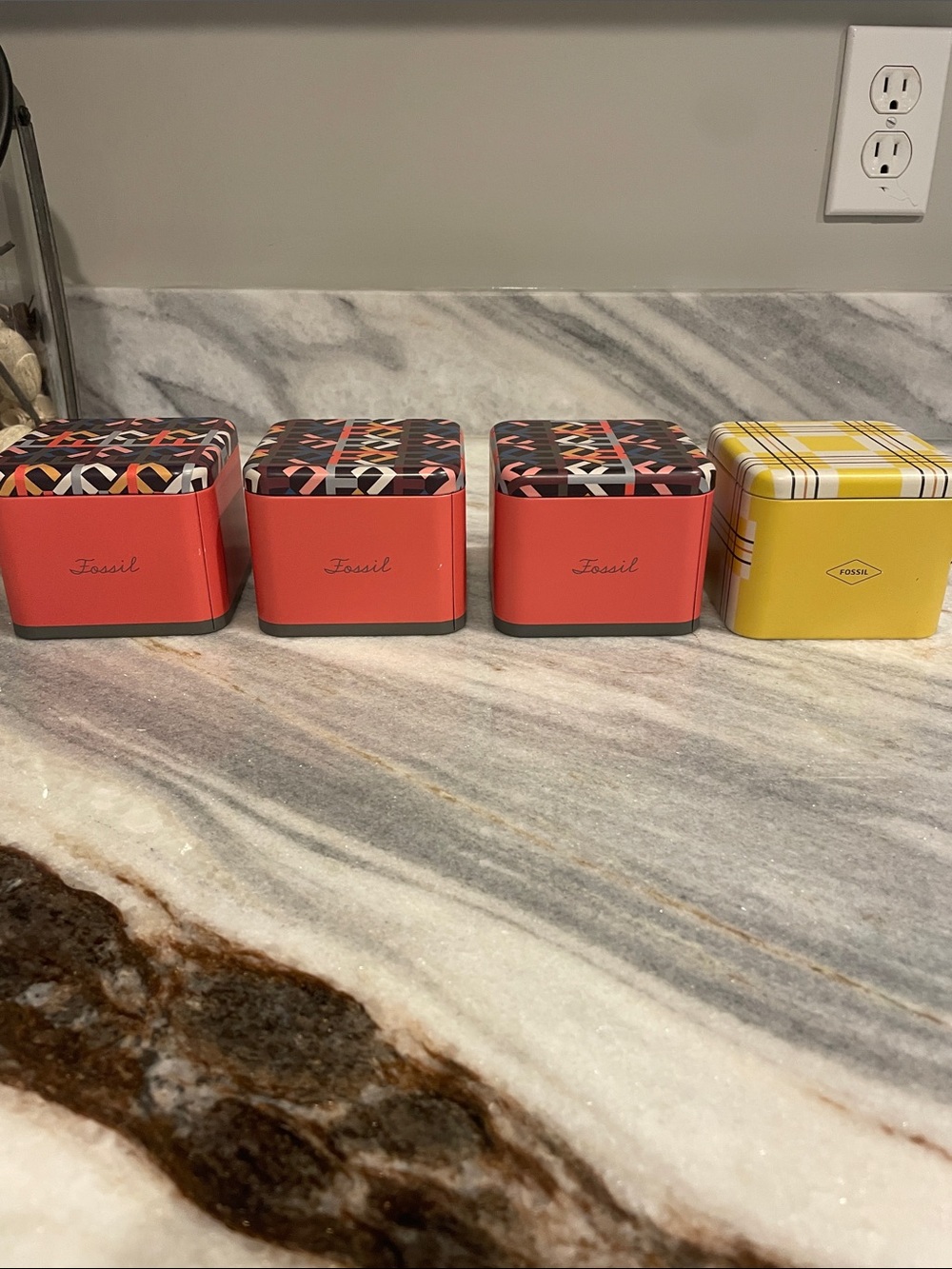 (4) Fossil Coral and Yellow Patterned Decorative Tins Set
